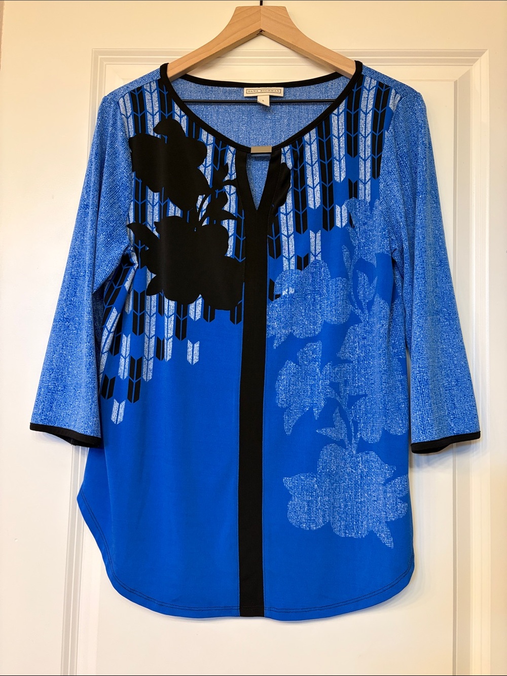 Dana Buchman Blue Floral & Geometric Print Long Sleeve Top